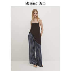 春夏新品 Massimo Dutti 2024女装 休闲慵懒风轻薄纯亚麻条纹宽松阔腿长裤 05281834462