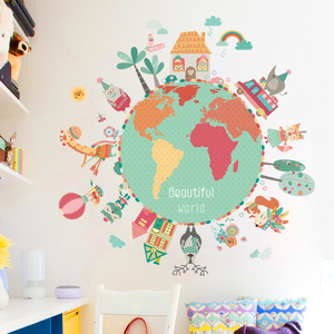 时尚个性地球星球墙贴纸可爱卡通动物儿童房卧室墙壁装饰自粘贴画