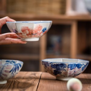 景德镇复古家用创意手工手绘陶瓷釉下彩八角碗小米粥