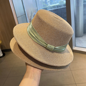 法式平顶草帽女夏季可折叠海边防晒遮阳帽子新款时尚ins草编礼帽