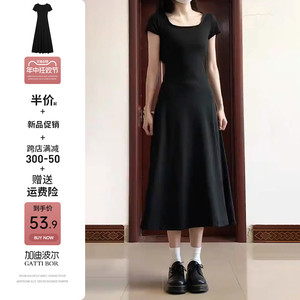 梨形身材黑色方领连衣裙子女夏2024新款小黑裙夏装搭配一整套长裙