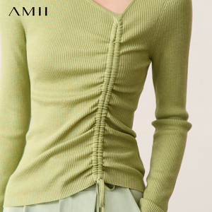 Amii气质长袖毛衣女款2023新款春秋冬打底衫低领设计感针织衫上衣