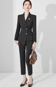 单排职业西服套装女时尚不对称优雅气质修身黑西装商务通勤工作服
