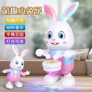 电动跳舞打鼓小兔子会唱歌跳舞发光小萌兔宝宝练习抬头婴儿玩具