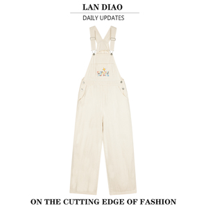 LAN DIAO杏色2023夏季新款刺绣牛仔背带裤超显瘦减龄宽松阔腿长裤