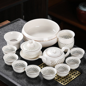轻奢陶瓷玲珑瓷简约功夫茶具茶杯会客家用白瓷套装茶壶盖碗办公室