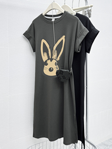 韩版学院风chic飞飞袖T恤长裙夏季新款兔头印花百搭短袖连衣裙女