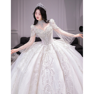 长袖白色法式婚纱2024新款新娘高级质感重工奢华大拖尾宫廷风主纱