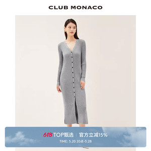 CLUB MONACO女装秋冬羊毛质感V领修身条纹开衫式长款针织连衣裙