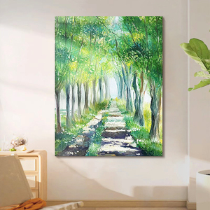 林荫大道森林风景手绘油画北欧绿大树树林装饰画客厅玄关肌理挂画