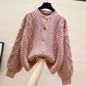 韩国粉色麻花粗线针织开衫女春秋甜美减龄学院风短款毛衣外套上衣
