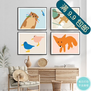 可爱韩国设计海报粉蓝小鸟和小狗一起散步儿童房装饰画芯打印油画