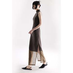APOZi collection无题山水系列新中式素袍夏季枯叶棕改良旗袍长裙