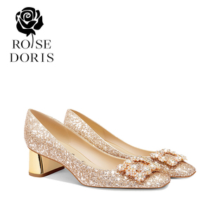 Rose Doris粗跟主婚鞋女2024年新款新娘鞋水晶方头鞋中跟水晶鞋