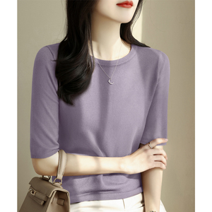 高级紫色圆领五分袖冰丝针织衫t恤女夏季新款正肩短袖打底上衣薄