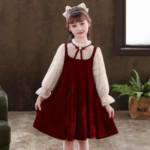 女童连衣裙冬装中大童红色拜年裙子秋冬韩版洋气加厚儿童公主裙子