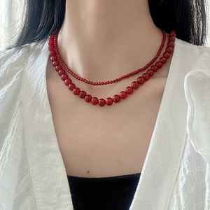 红色喜庆本命年天然红玛瑙项链圆珠锁骨链气质百搭通勤饰品转运珠
