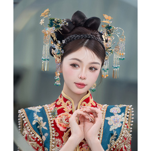 梦瑶新娘发饰品合金传统发簪简约秀禾头饰品簪子青绿色五件套古代
