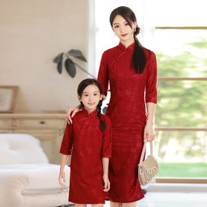 高考送考亲子装旗袍中国风母女装改良连衣裙红色年轻唐装时尚长袖