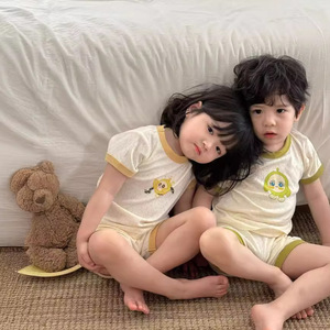 男女儿童夏季卡通棉睡衣兄妹姐弟装婴幼儿宝宝透气短袖家居服套装