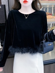法式黑色衬衫女秋冬2023年新款设计感小众流苏羽毛短款金丝绒上衣