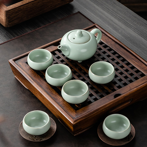 汝窑陶瓷1茶壶配6杯简约高温烧制官窑茶具套装开片纹茶具可养茶线