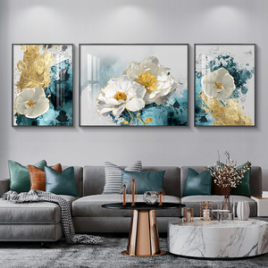 现代简约花卉客厅装饰画轻奢沙发背景墙高档晶瓷画牡丹三联抽象画