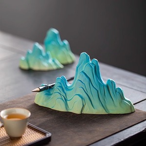 新中式鱼缸雪山造景石头微景观陶瓷假山流水摆件枯山水只此青绿