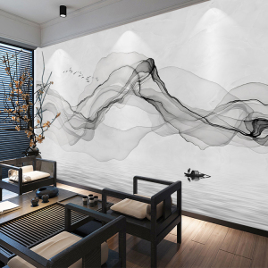 新中式墙纸写意抽象烟雾电视背景墙壁纸水墨山水画壁画8d影视墙布