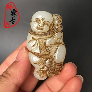 古玩玉器仿古白玉老玉高古玉老物件把件玉壁挂件吊坠玉佩童子献寿