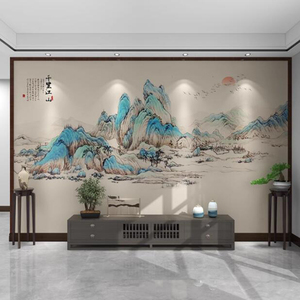 新中式墙布千里江山图壁纸网红拍照摄影壁画餐厅饭店茶室背景墙纸