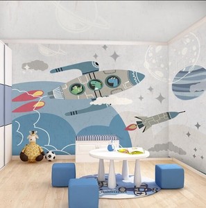 儿童房男孩女孩房间壁纸卡通太空飞船火箭壁画墙纸幼儿园背景墙布