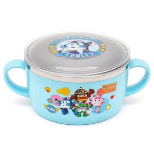 韩国进口儿童带盖不锈钢小汤碗可爱安巴Poli宝宝辅食碗双手柄