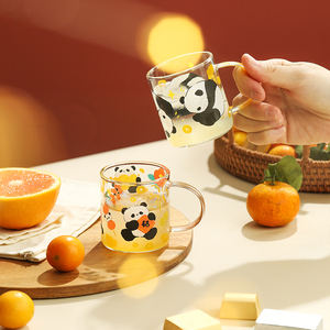 蓝莲花熊猫玻璃茶杯小杯迷你单只带把个人专用喝茶杯子可爱耐高温