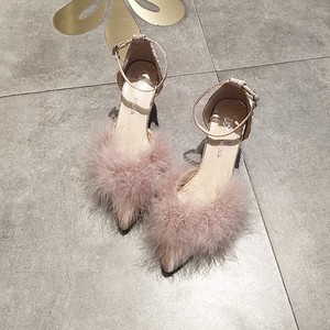 粉色毛毛高跟鞋女秋季2023年新款仙女风尖头单鞋细跟时尚包头凉鞋