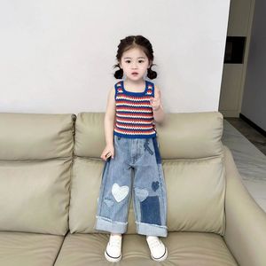 韩版女童夏装套装2024新款儿童夏季针织条纹背心女宝宝个性牛仔裤