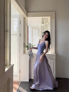 紫色缎面拼接针织吊带连衣裙女装夏季气质显瘦长裙v领收腰a字裙子