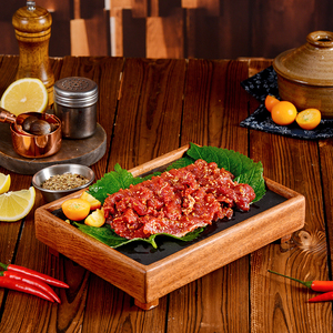 日式个性创意黑色岩石摆盘网红商用石板烤肉盘子木质火锅涮菜餐具