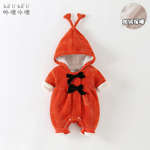 韩版婴儿衣服冬装女宝宝加绒加厚外出服洋气连体衣秋冬季保暖棉袄