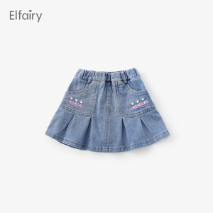 Elfairy儿童牛仔短裙夏季女童百褶裙半身裙婴儿夏装宝宝裙子洋气