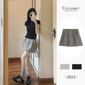 黑白格子半身裙女夏季2024新款高腰设计感伞裙小个子气质a字短裙