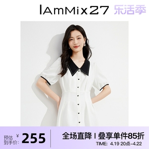 IAmMIX27夏季短袖连衣裙女高腰修身显瘦白色格纹衬衫裙女中长裙子