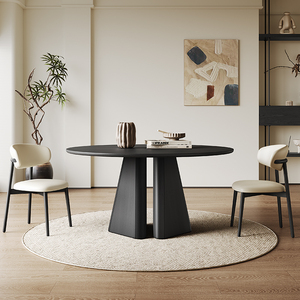 意式黑色实木餐桌椅圆形1.5米高端家用10人复古风全实木岩板圆桌