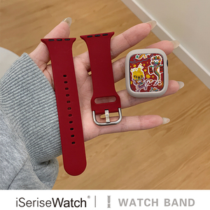 iserisewatch适用applewatchs8表带iwatch s9秋冬红色45/41mm硅胶撞色苹果手表女款夏天高级感s6小众创意运动