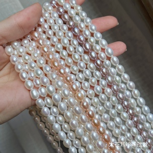 5.5～6mm胖米形米珠天然淡水珍珠diy强光手工材料串珠37厘米