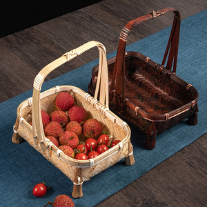 竹编手提篮复古编织篮子桌面创意手工小竹篮家用茶点水果糕点托盘