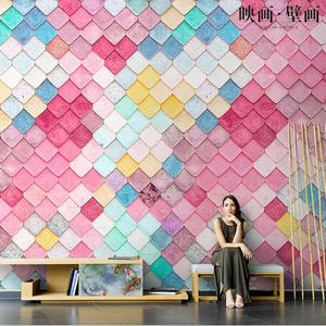 欧式几何彩色格子墙纸北欧风格ins壁纸粉色温馨卧室甜品店3d砖纹