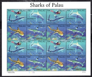 K38帕劳1993海洋生物鲨鱼白鳍鲨双髻鲨豹纹鲨真鲨潜水邮票16全新
