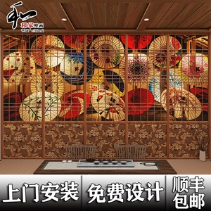 复古日式仿真推拉木门壁纸日本风景海浪浮世绘料理餐厅寿司店墙纸