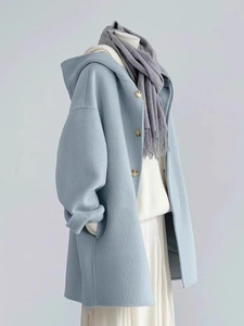 日韩外贸尾货品牌剪标~毛呢外套女高级感小个子奶油蓝色连帽大衣